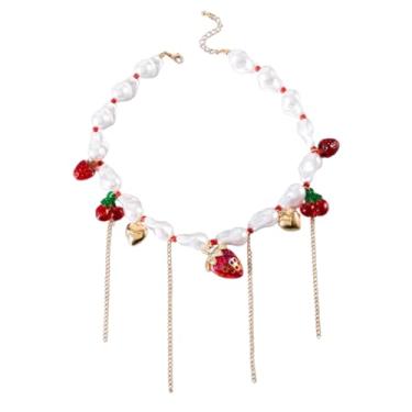 Imagem de Colares vintage de pérola e morango para mulheres, colar de corrente grossa dourada com clipe de papel barroco, pérola, morango, cereja, borla, gargantilha em camadas, joias de Natal para Dia das