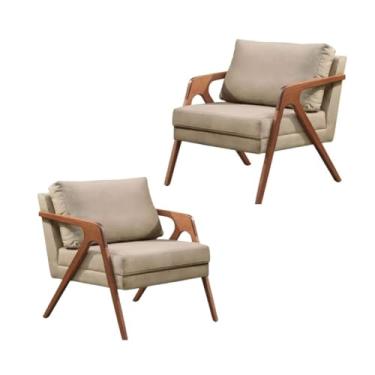 Imagem de Kit 2 Poltronas Linho Bege Mona Decorativa Sala Luxo Pés Em Madeira Maciça