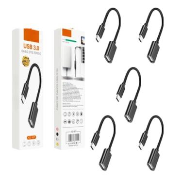 Imagem de Kit 5 unidades Cabo adaptador USB OTG Fêmea para Tipo C - Cabo Trançado em Nylon mais Flexivel e Duravel Preto, celulares, pen drive, joystick, Samsung, Iphone 15 em diante.