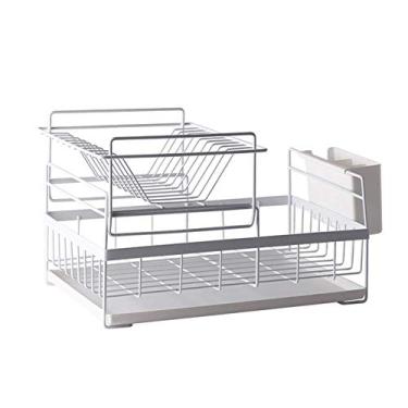 Imagem de AKALNNB Escorredor de pratos destacável de 2 camadas com bandeja coletora e suporte de talheres suprimentos de cozinha organizador de utensílios prateleira (41,2 x 28,5 x 27 cm) porta-canecas