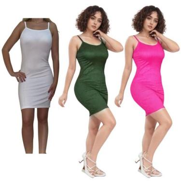 Imagem de KIT C/3 Vestidos Alcinha Canelado - Emporio J, Branco, Militar, Pink, 