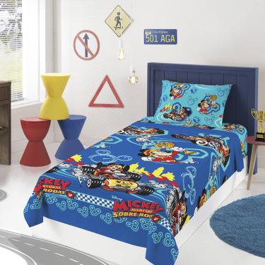 Imagem de Jogo de Cama Lepper Solteiro Microfibra Estampado Mickey Aventura Rodas 03 Pçs Azul