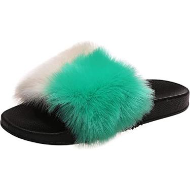 Imagem de Pantufas femininas de pelúcia com bloqueio de cor casual, Verde, 5