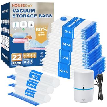 Imagem de HOUSE DAY Pacote com 22 sacos de vedação a vácuo para roupas de viagem, sacos de vácuo com bomba elétrica, saco selador a vácuo para roupas, edredons, cobertores, travesseiros, mudança (4GG/4L/4M/4S