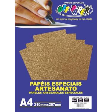 Imagem de Papel Glitter Metálico Off Paper A4 250 g/m² – Cor Ouro Velho – Pacote com 10 Folhas – Brilho Premium para Artesanato e Convites
