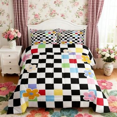 Imagem de Manfei Jogo de cama solteiro com desenho animado de margaridas e flores, quadriculado geométrico, xadrez, decoração de quarto de meninas e mulheres, edredom floral chique de patchwork, enchimento de