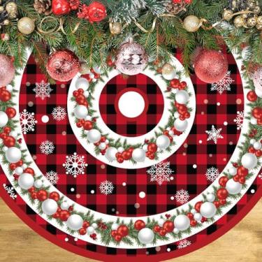 Imagem de Saia para árvore de Natal, 121 cm, estampa xadrez vermelha e preta, base de árvore de Natal, colarinho, enfeites de decoração de férias de inverno