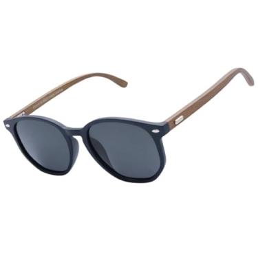 Imagem de Oculos de Sol Hexagonal Premium Bambu Classico Retro UV400 Masculino Feminino Unisex - Modelo Tulum Polarizado - Cacife Brand (Azul Marinho)