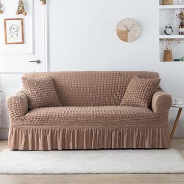 Imagem de LDFV Capa de sofá 3D bolha treliça fácil de ajustar alta elasticidade capa de sofá universal elastano capa de sofá com saia durável protetor de móveis - sofá marrom claro 195-230 cm