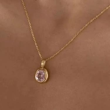 Imagem de Colar com pingente de cristal oval rosa, banhado a ouro, minimalista, geométrico, corrente de clavícula, colares, moda retrô, quartzo sintético, joias, festa, aniversário, dia dos namorados, presente