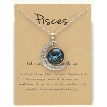 Imagem de Astrologia 12 constelações signo do horóscopo galáxia crescente colar com pingente de meia lua, One Size, Vidro, Sem Pedra Preciosa
