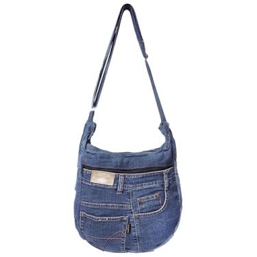 Imagem de Bijoux de Ja Bolsa tiracolo feminina com pregas jeans Upcycled, bolsa jeans feita à mão com alça ajustável e bolso, Azul, Medium