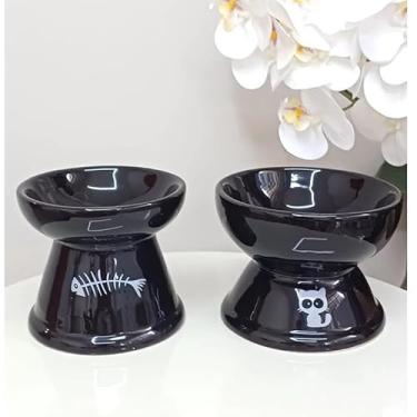 Imagem de Comedouro e Bebedouro Elevado para Gatos e Cães Pequenos em Cerâmica – Design Ergonômico Antiderrapante, Reduz Refluxo e Fadiga dos Bigodes (KIT M/G PRET COMEDOU/BEBEDOURO)