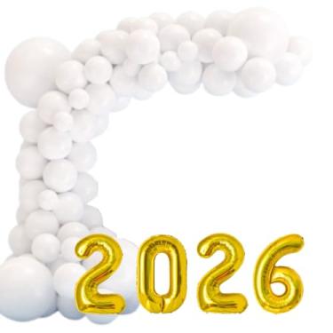 Imagem de Kit Arco de Balão Bexiga Branco + Numero 2026 Dourado Ano Novo Reveillon