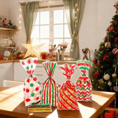 Imagem de 100 sacos clássicos de celofane de Natal, sacos de doces vermelhos e verdes com 4 estilos, estampa de listras de bolinhas, saco de presente de plástico com laços torcidos para lembrancinhas de festa