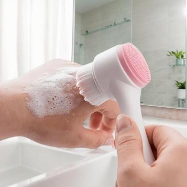 Imagem de Escova de limpeza facial de cabeça dupla, limpador de silicone macio para uso doméstico, limpeza profunda (rosa)