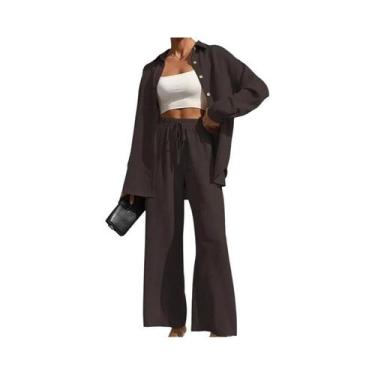 Imagem de Conjunto Feminino Casual De Camisa Com Botões E Calças De Perna Larga 