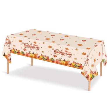 Imagem de XVYLFZNP Toalha de mesa descartável de Ação de Graças, outono, abóbora, bordo, impermeável, retangular, toalha de mesa de plástico para colheita, decoração de festa de Ação de Graças, suprimentos 137