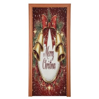 Imagem de Sinos dourados de Natal laço vermelho capa de porta decoração faixa de fundo para varanda banheiro festa de férias M35x79in