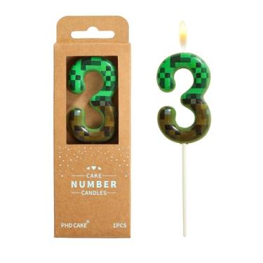 Imagem de PHD CAKE Velas de aniversário número 3 pixels, número de 6 cm, velas verdes com número de mineiro, velas com número de bolo, celebração de festa, vela estilo