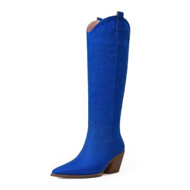 Imagem de iiimmu Botas femininas Cowgirl, cano alto, bico fino, salto bloco, camurça caubói e couro sintético com bordado, Azul royal, 39