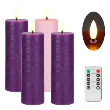 Imagem de AFINETH Velas do Advento Flamelss, velas de pilar de cera operadas por bateria com controle remoto, velas cintilantes sem chama de topo plano para o Natal, católico, advento, grinalda, roxo e rosa