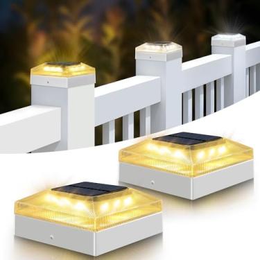 Imagem de vighep Luzes de poste solares 4 x 4 para ambientes externos – pacote com 2 postes de cerca com 3 modos de cor, luzes de deck à prova d'água alimentadas por energia solar para tampo de vinil/madeira