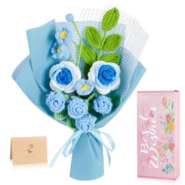 Imagem de NUKAYAI Buquê de flores de crochê, feito à mão, tulipas tricotadas, buquê de rosas, presente de flores tricotadas para namorada, mãe, esposa, mulheres, presente (azul)