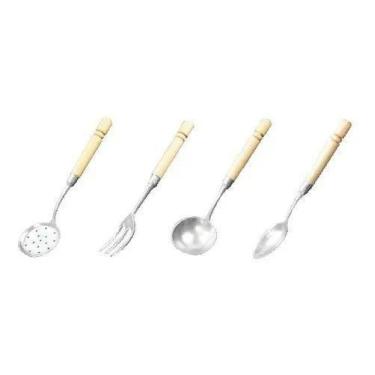 Imagem de Kit Com 4 Utensílios - Colher Concha Garfo E Escumadeira Cabo Madeira 