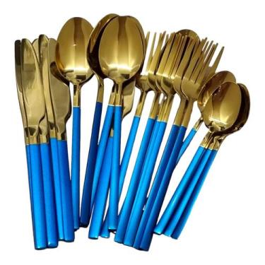 Imagem de Faqueiro de luxo Slim Azul Talheres de aço Inoxidavel 24pç - AMIGOLD