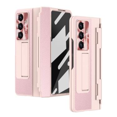 Imagem de Para Samsung Galaxy Z Fold 7 6 5 4 5g com película protetora de tela de vidro, couro de luxo, revestimento único, dobradiça, capa à prova de choque (para Galaxy Z Fold 4/rosa)
