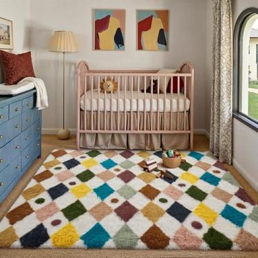 Imagem de PureCozy Tapete quadriculado 10 x 15 cm felpudo fofo sala de estar arco-íris tapete moderno lavável macio felpudo antiderrapante tapetes felpudos para quarto, dormitório, escritório, casa, decoração