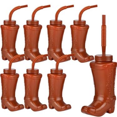 Imagem de Copos de bota de caubói com canudos e tampas, 8 peças, copos de caubói de festa infantil de 293 ml para lembrancinhas temáticas de rodeio ocidental, aniversário, férias, eventos e decorações - marrom