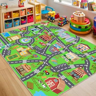 Imagem de OHDS Tapetes infantis para sala de jogos – Macios e antiderrapantes 1,2 x 1,5 m, mapa da cidade, tapete de carro, tapete lavável para crianças, berçário, quarto, meninos