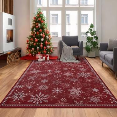 Imagem de Tapete de Natal para ambientes internos 7 x 12 cm, vermelho lavável à máquina, tapetes macios com estampa de floco de neve de Natal com suporte de borracha antiderrapante, tapete de decoração de