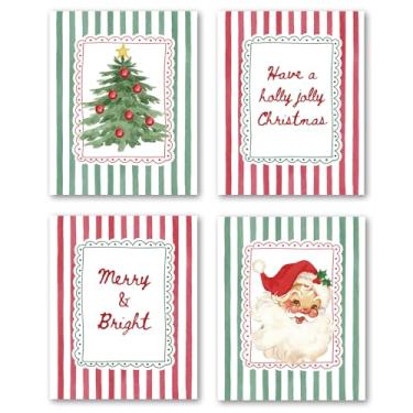 Imagem de XWELLDAN Farmhouse Retrô Feliz e Brilhante Árvore de Natal Papai Noel Listrado Arte de Parede Decoração Decorações, 20 x 25 Sem Moldura Conjunto de 4