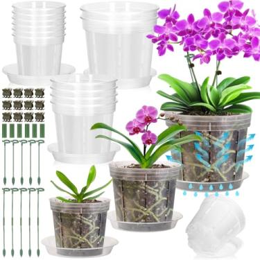 Imagem de Tetutor Pacote com 12 vasos de orquídea de plástico com orifícios, vasos de orquídeas transparentes de 10, 12, 15 cm para replantar com pires, drenagem e estacas de plantas, vaso grande pequeno