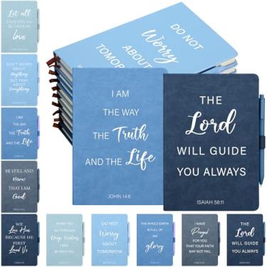 Imagem de Thenshop 20 peças de presentes cristãos a granel 10 diários cristãos de couro azul para mulheres, cadernos de couro bíblico, com 10 canetas azuis, diário de oração inspirador A5 para mulheres