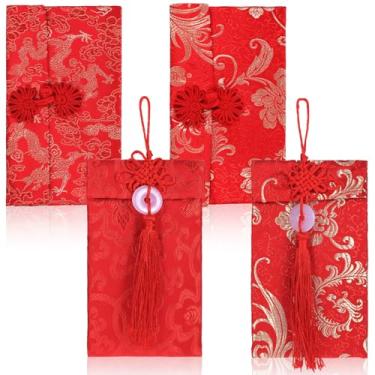 Imagem de 4 envelopes vermelhos de seda, bolso vermelho chinês, bolsos para dinheiro da sorte, envelopes de cartão, envelope de convite de elemento chinês, sacos de embrulho de presente para festival de