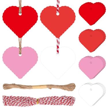 Imagem de 120 etiquetas de presente em formato de coração, etiquetas de papel de coração dos namorados com cordas para pendurar no dia dos namorados, caixa de presente de artesanato, decoração de festa de