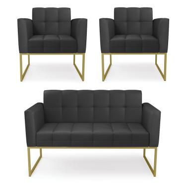 Imagem de Kit 1 Sofá Namoradeira e 2 Poltronas Elisa Corino Preto Base Metálica Industrial Dourado D03 - D'Rossi