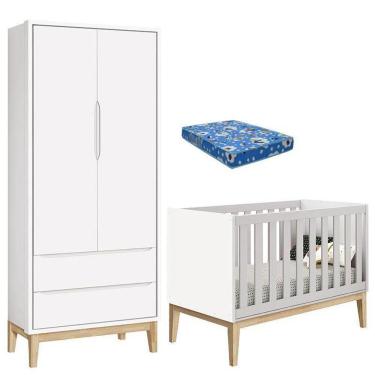 Imagem de Berço Americano Com Colchão E Guarda Roupa Classic 2 Portas Branco Pés Madeira Natural ? Reller
