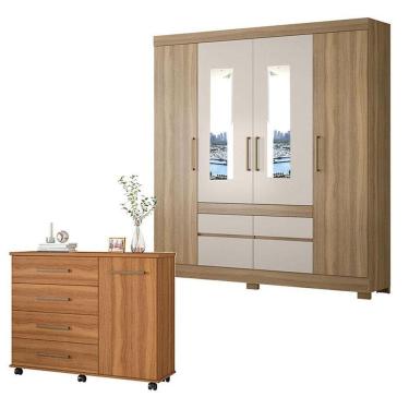 Imagem de Cômoda Flora E Guarda Roupa Casal Bilbao Amêndola Off White Com Espelho - Demóbile