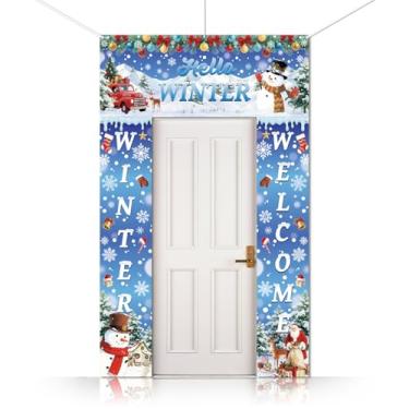 Imagem de CUTHOLLOW Decoração de festa de Natal 3 peças banner de sinal de varanda, flocos de neve de Hello Winter com decorações de boneco de neve e Papai Noel faixa de porta suspensa - material de tema de