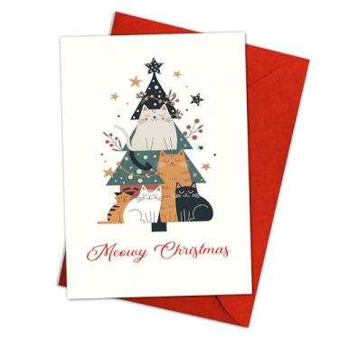 Imagem de Podagree Cartão de Natal Meowy para amantes de gatos para mães, donos de animais de estimação ou amigos, gatos fofos formando um design de árvore de Natal de amantes de gatos ou família – 20 x 13 cm