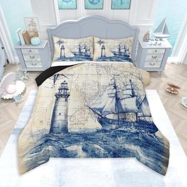 Imagem de Feelyou Conjunto de edredom náutico casal, com bússola de farol e âncora, vintage, retrô, decoração de quarto, 3 peças, 1 edredom + 2 fronhas