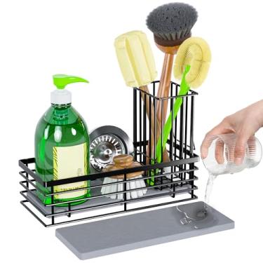Imagem de Suporte de esponja para pia de cozinha com pedra de secagem instantânea, suporte de esponja, organizador de pia de aço inoxidável com suporte de escova, dispensador de sabonete, acessórios de pia de