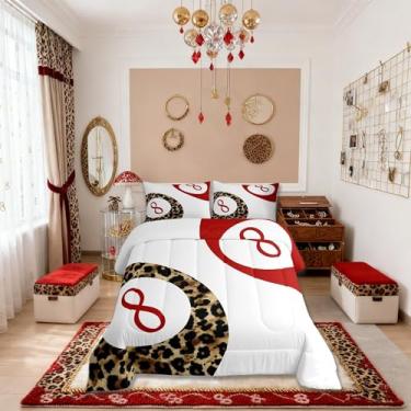 Imagem de Conjunto de edredom Lucky 8 Ball tamanho casal, leopardo funky Y2K Coquete, edredom moderno, guepardo, branco, vermelho, marrom, 2 fronhas
