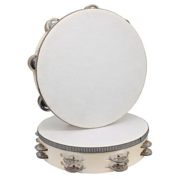 Imagem de Moicstiy Pandeiro redondo de madeira de 20 cm, pandeiro de fileira dupla com jingles de metal, instrumento musical de percussão portátil para KTV, festa, brinquedo educativo da igreja (2 peças)