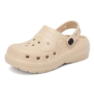 Imagem de Tamancos femininos de jardim, chinelos sem cadarço com alça ajustável, sola grossa, plataforma confortável, tamancos para chef, enfermeira, trabalho, jardim, praia, ar livre, Bege, 35